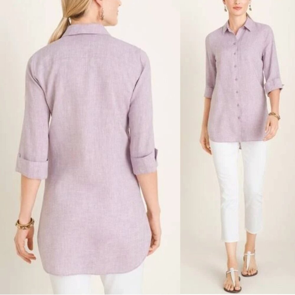 CHICO'S 100% Linen No Iron High-Low Shirttail-Hem Tunic Purple Size 1 (US 8/10)